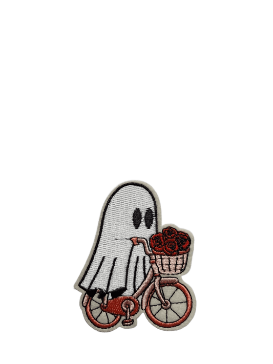 Halloween Iron On Patches Ghost on Bike with Roses - Let's Patch It Up!