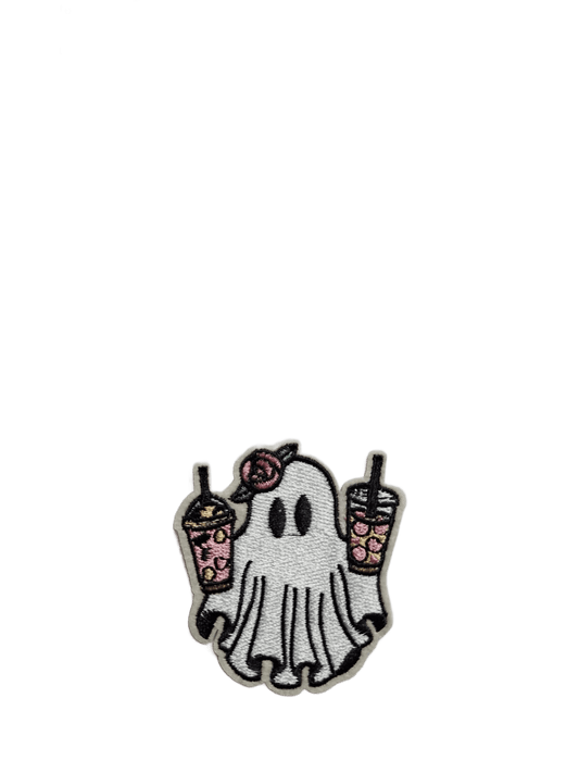 Halloween Iron On Patches Ghost with Pink Drinks and Flower - Let's Patch It Up!